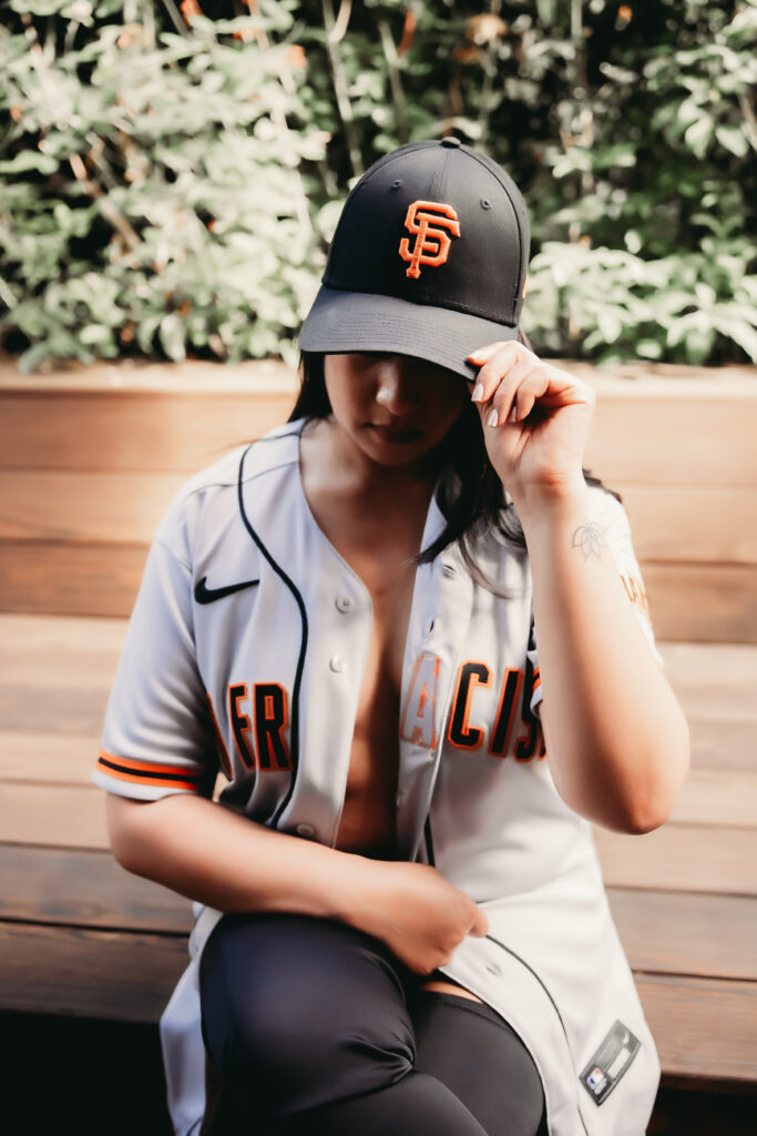woman in San Francisco Giants jersey Sacramento Bridal Boudoir session
